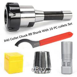 New R8 Shank ER40 Chuck With 15 PCS Collets Set For CNC Milling Lathe Tool USUS